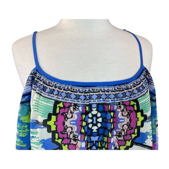 Flying Tomato Colorful Boho Print Semi Sheer Jewel Tone Cold Shoulder Top M - Picture 2 of 7